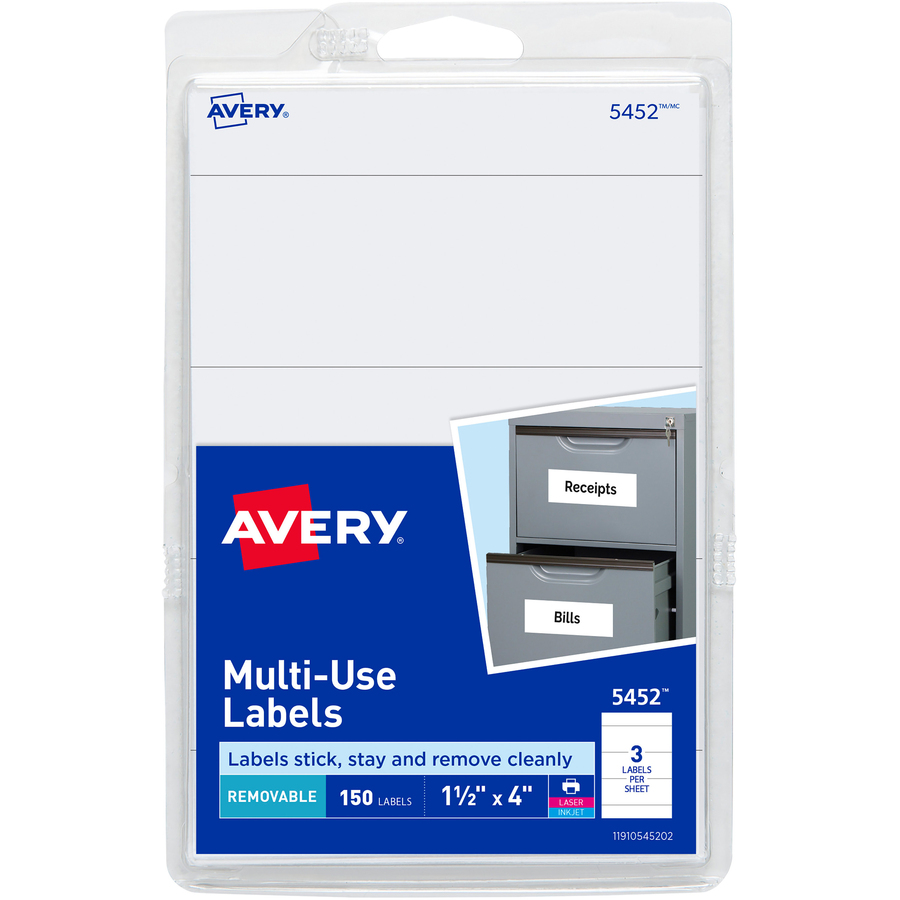 Avery Self Adhesive White Removable Labels, Rectangular, 1 1/2x4, 150  per Pack, AVE05452