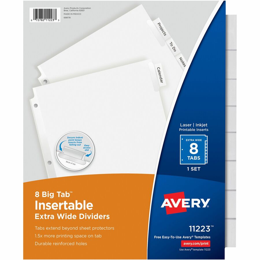 75501 Printable Easy Peel Clear Labels White Tabs Index Maker Avery 8-Tab Sheet Protectors Dividers 1 Set 