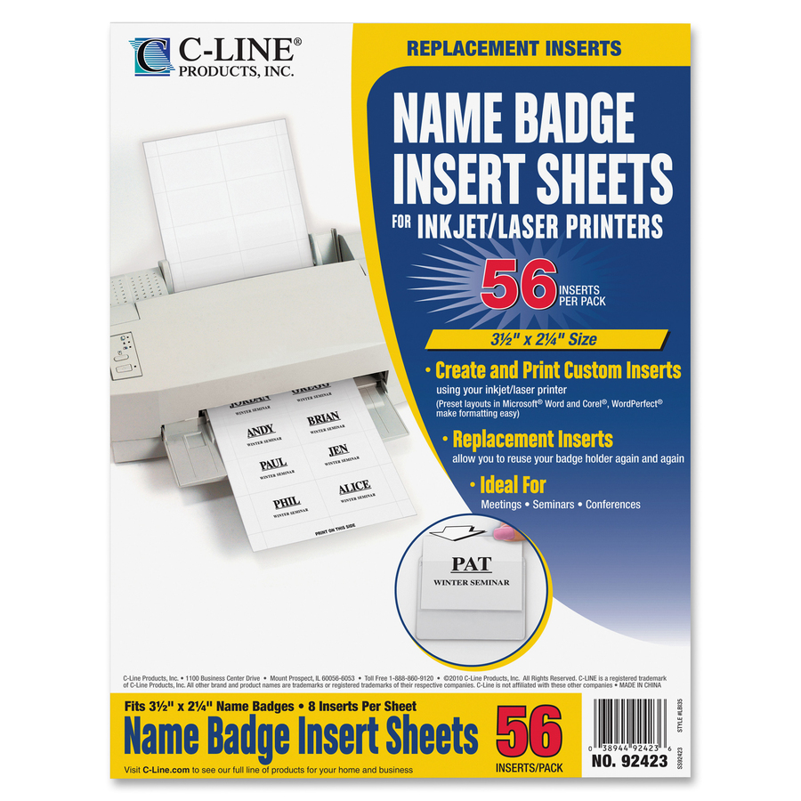 CLI92423 : C-Line® Name Badge Inserts, 3 1/2 X 2 1/4, White, 56/Pack