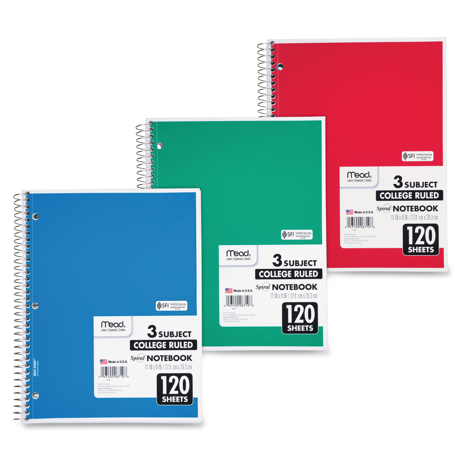 Spiral Notebook 3 Subject College Ruled Paper 120 Sheets ea 
