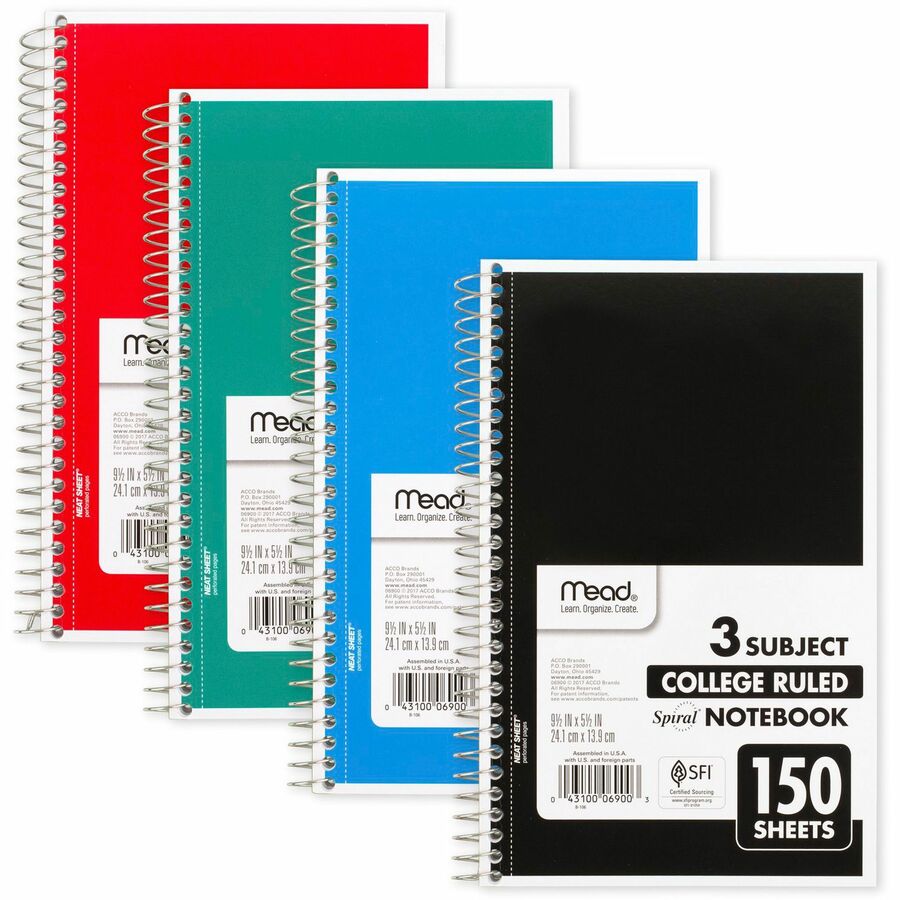 Left-Handed 3 Subject Spiral Notebooks Plain Color, Set of 4, Black & Blue