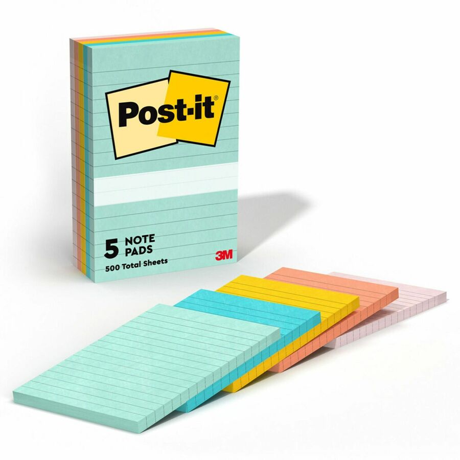 Post-it® Lined Notes - Beachside Café Color Collection - 500 x Assorted  Pastel - 4 x 6 - Rectangle - 100 Sheets per Pad - Ruled - Fresh Mint,  Aqua Splash, Sunnyside