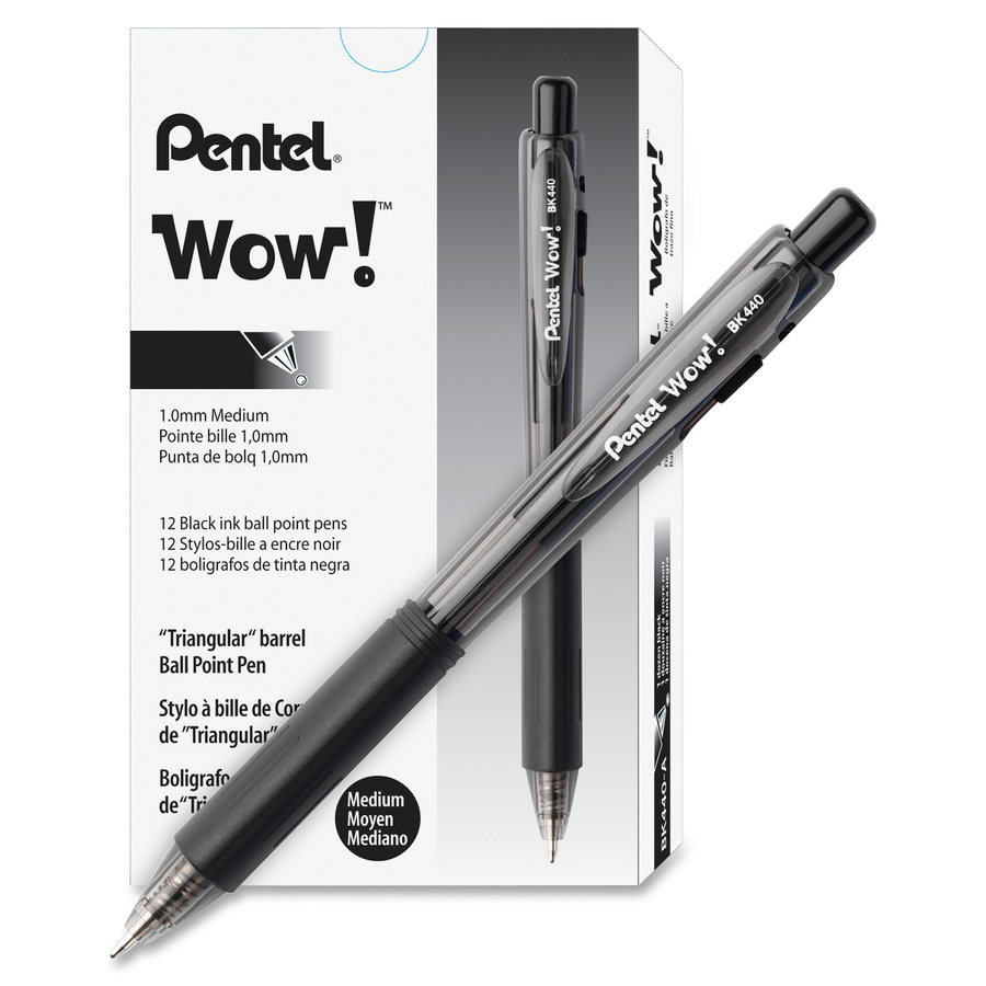 Pentel WOW! Retractable Ballpoint Pens - Medium Pen Point - 1 mm Pen Point  Size - Retractable - Black - Black Barrel - 12 / Dozen - Filo CleanTech