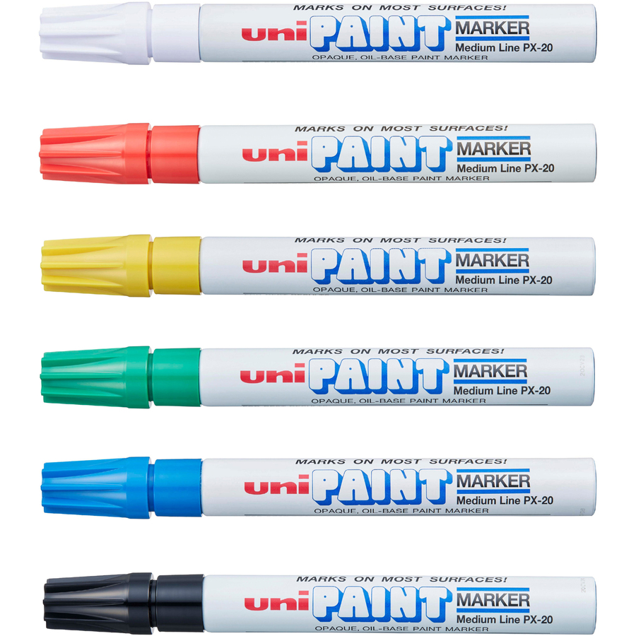 uni® uni-Paint PX-20 Oil-Based Paint Marker - Medium Marker Point -  Assorted, Blue, Red, Green, Yellow, Black Oil Based Ink - White Barrel - 6  / Set - Filo CleanTech