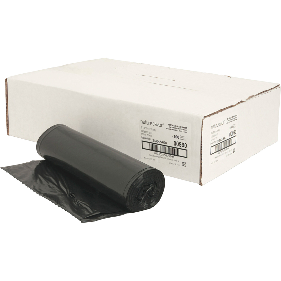 Nature Saver Black Low-density Recycled Can Liners - Extra Large Size - 60  gal Capacity - 38 Width x 58 Length - 1.25 mil (32 Micron) Thickness -  Low Density - Black - Plastic - 100/Carton - Cleaning Supplies - Recycled -  Filo CleanTech