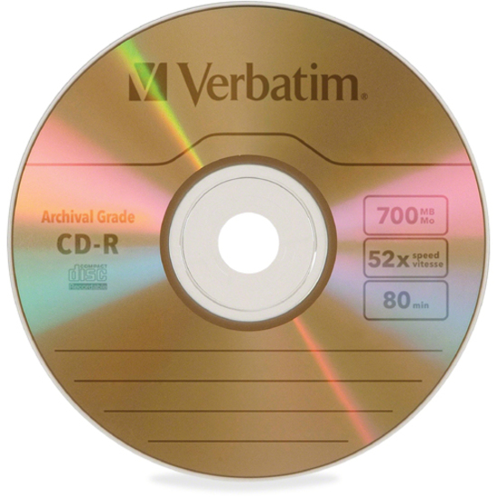 Verbatim CD-R 700MB 52X UltraLife Gold Archival Grade with Branded Surface and Hard Coat - 5pk Jewel Case
