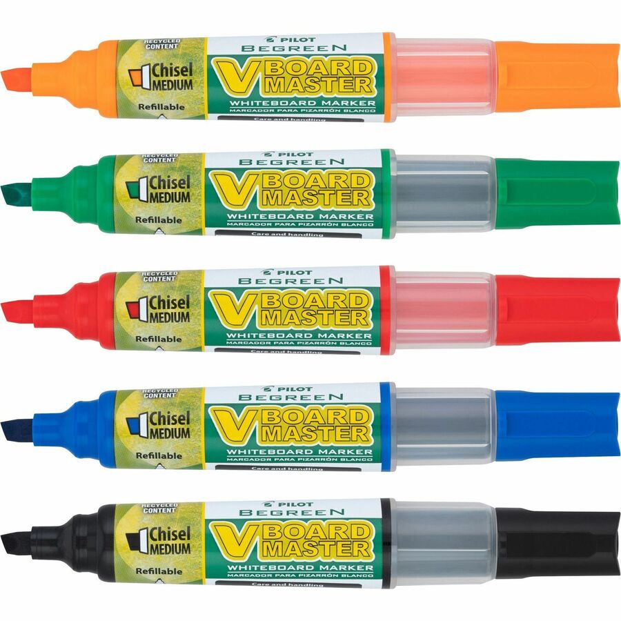 Refillable Dry Erase Markers, Pilot BeGreen V Board Master Assorted Colors, 5-Pack with 1 Refill for Each Marker