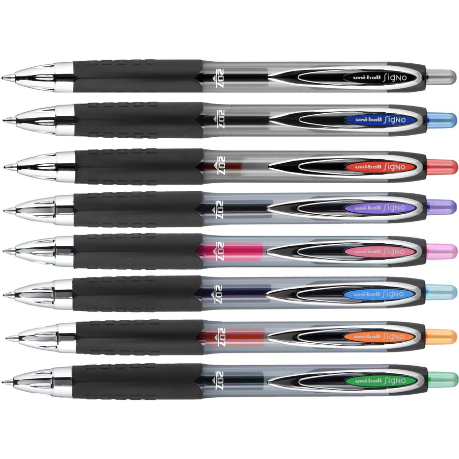Uni-Ball Gel Pen Set: Retractable, Cushion, Black/Blue/Green/Light Blue/Orange/Pink/Purple/Red, Medium, 8 PK