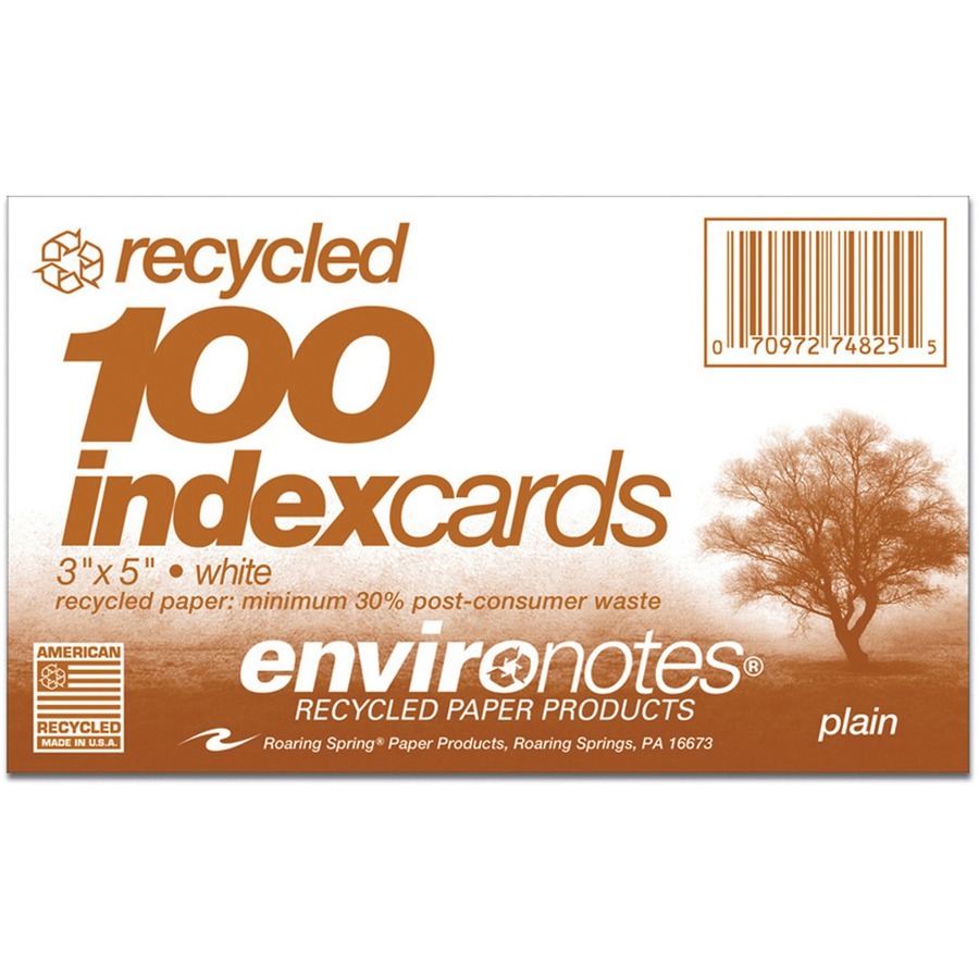Picture of Roaring Spring Case of 36 Packs of Recycled Index Cards, 3"x5" , 100 sheets of White Recycled 100# Index Per Pack, unRuled