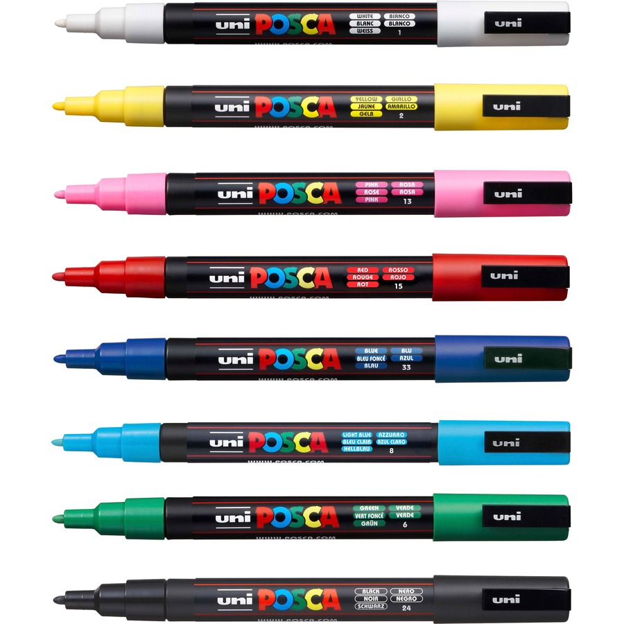 uni® Posca PC-3M Paint Markers - Fine Marker Point - Green, Blue, Light  Blue, Yellow, Red, Pink, White, Black Water Based, Pigment-based Ink - 8 /  Pack - Filo CleanTech