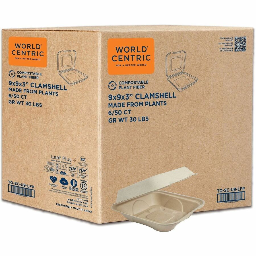 World Centric Compostable Fiber Hinged Containers - Food Storage, Food, Commercial - Natural - Fiber Body - 6 / Carton