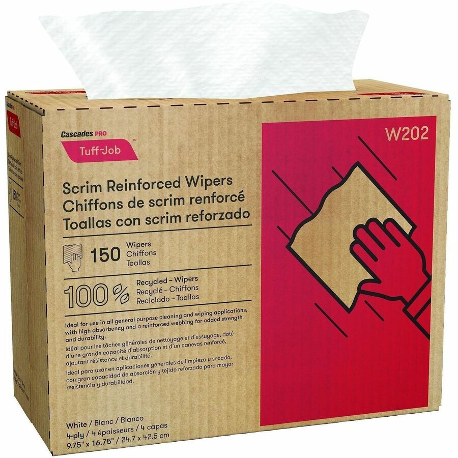 Cascades PRO Tuff-Job Interfold Wipers, 4-Ply, White, 150 sheets, 6 packs/pack - 4 Ply - Interfolded - 9.75" Width x 16.75" Length - White - Polyester - 6 / Carton