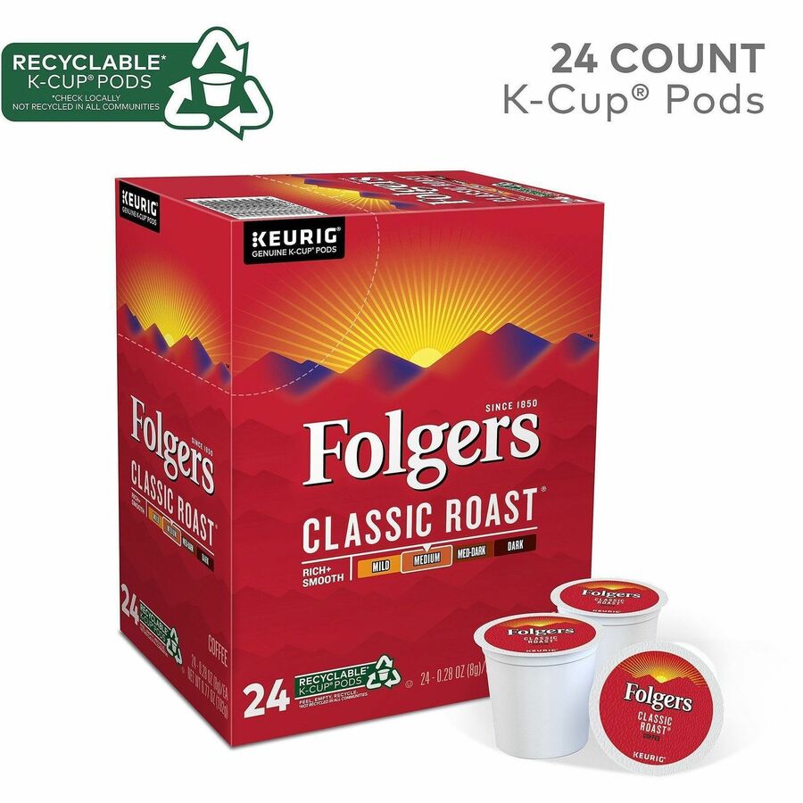 Folger K-Cup Classic Roast Coffee - Compatible with Keurig K-Cup Brewer - American - Medium - 24 K-Cup - K-Cup - Classic Roast - 4 / Carton