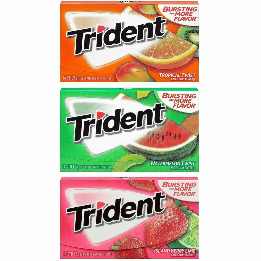 Green Rabbit Trident Sugar-Free Gum Fruit Variety - Island Berry Lime, Tropical Twist, Watermelon Twist - 14 Pieces/Pack - 1 / Carton