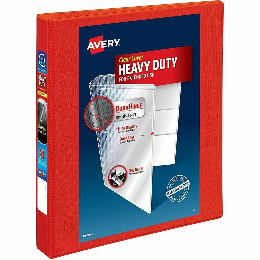 Avery® One Touch Heavy-Duty View Binder - 1" Binder Capacity - 275 Sheet Capacity - 1 2/5" Spine Width - 1" Ring - Fastener: D-Ring - Pocket: 4, Internal - Linen pattern - Red - Recycled - One Touch Ring, Heavy Duty, Long Lasting, Tear Resistant, Spli