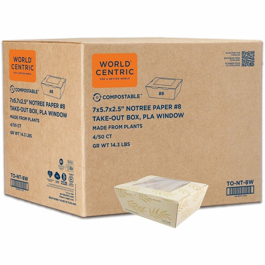 No Tree 46oz Paper Folded Takeout Containers - Food Storage, Commercial - Natural - Paper, Polylactic Acid (PLA) Body - 200 / Carton