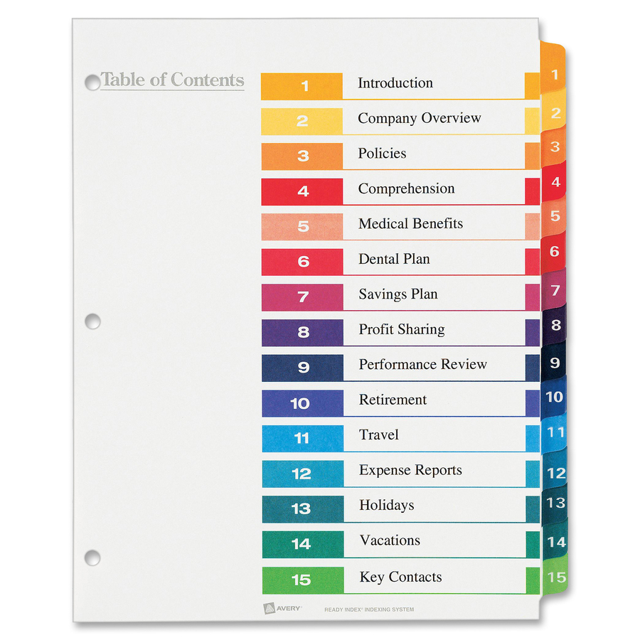 Avery 11197, Avery Ready Index Table of Contents Reference Dividers