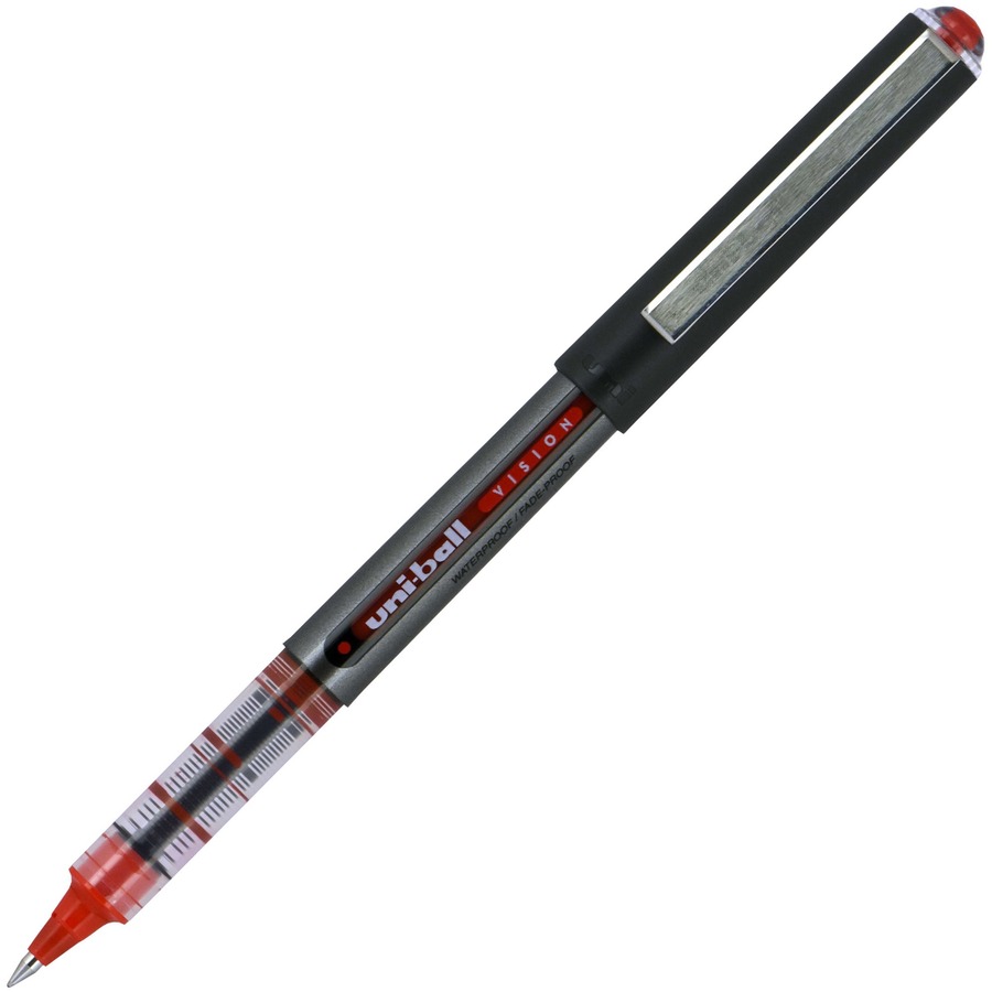 Uni-Ball VISION Stick Roller Ball Pen, Micro 0.5mm, Red Ink, Gray/Red  Barrel, Dozen, UBC60117