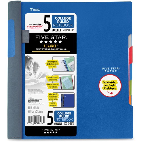 Five Star Advance Wirebound 5 Subject Notebook 200 CT College Ruled Five star advance wirebound 5 subject notebook 200 ct college ruled