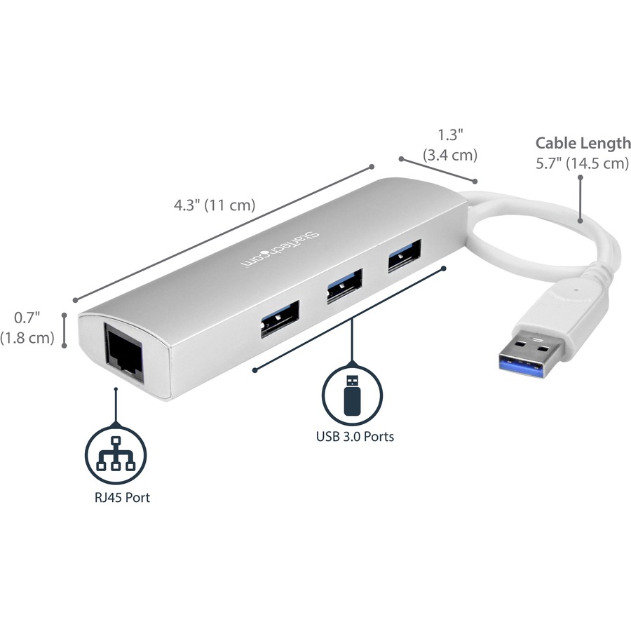 StarTech.com 3-Port USB Hub with Ethernet, USB-A Ports, Gigabit