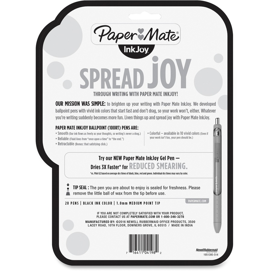 Paper Mate Inkjoy 100RT Assorted Colors Retractable Ballpoint Pens, Pa
