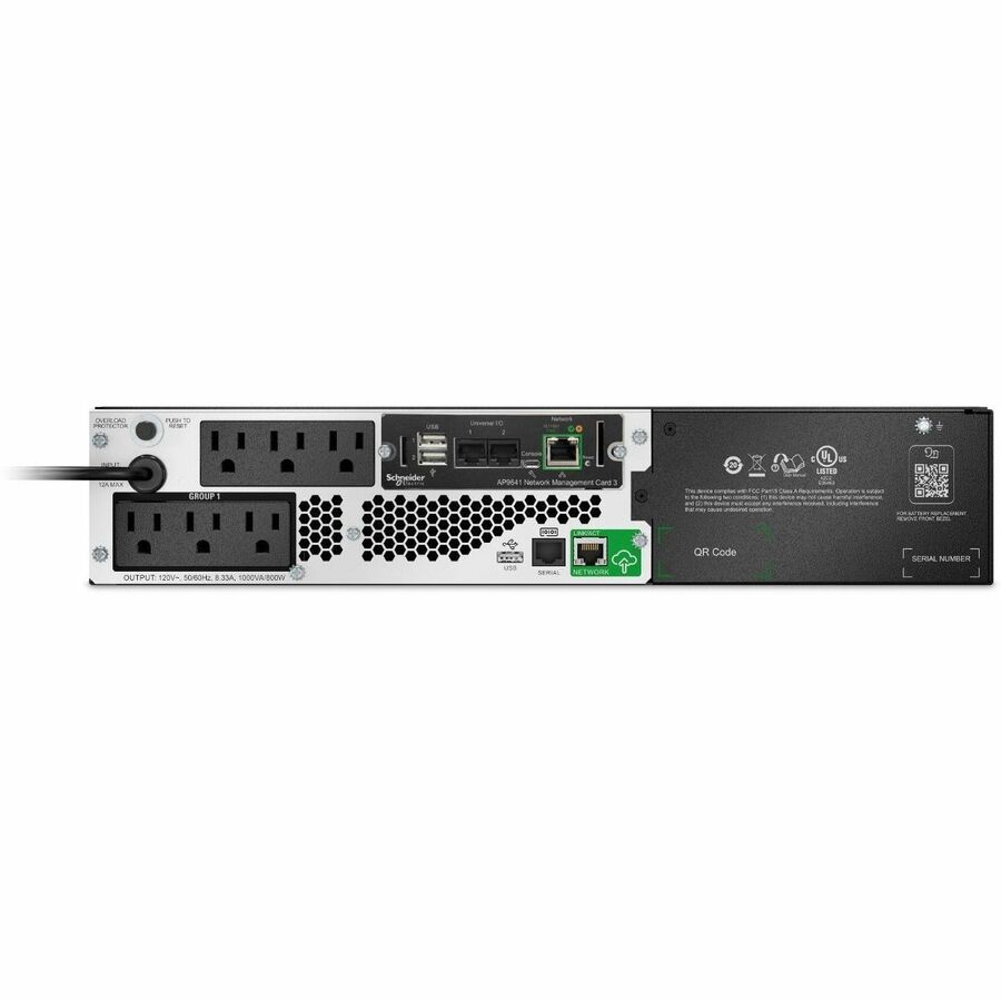 APC Smart-UPS, Line Interactive, 1000VA, Lithium-ion, Rackmount 2U, 120V, 6x NEMA 5-15R outlets, SmartConnect Port+Network Card, Short Depth, AVR