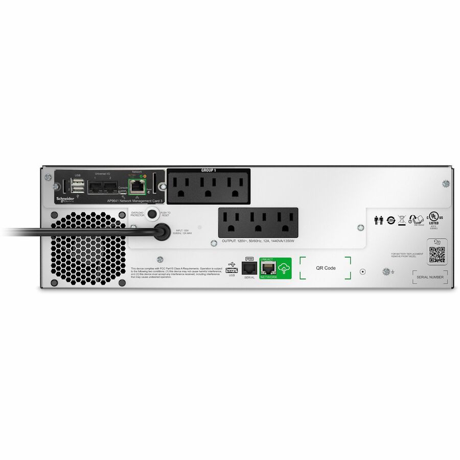APC Smart-UPS, Line Interactive, 1500VA, Lithium-ion, Rackmount 3U, 120V, 6x NEMA 5-15R outlets, SmartConnect Port+Network Card, Short Depth, AVR, LCD