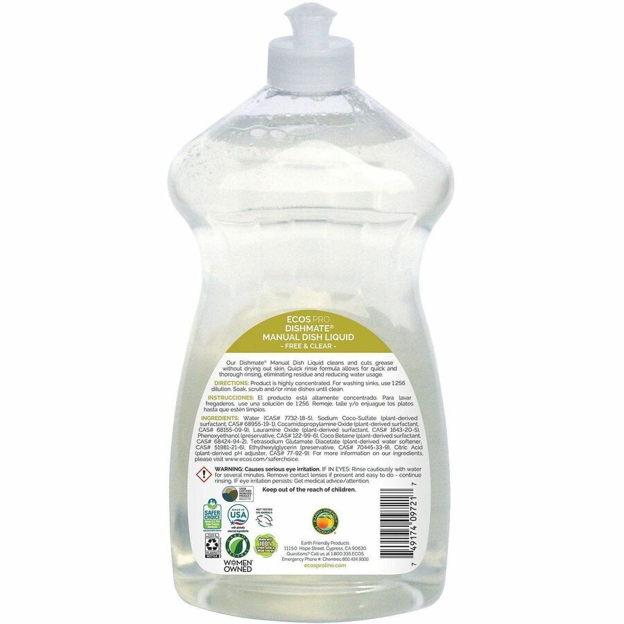 Picture of Dishmate Manual Dishwashing Liquid, concentrate, 25 oz, Free & Clear, hypoallergenic, 6 EA/CT