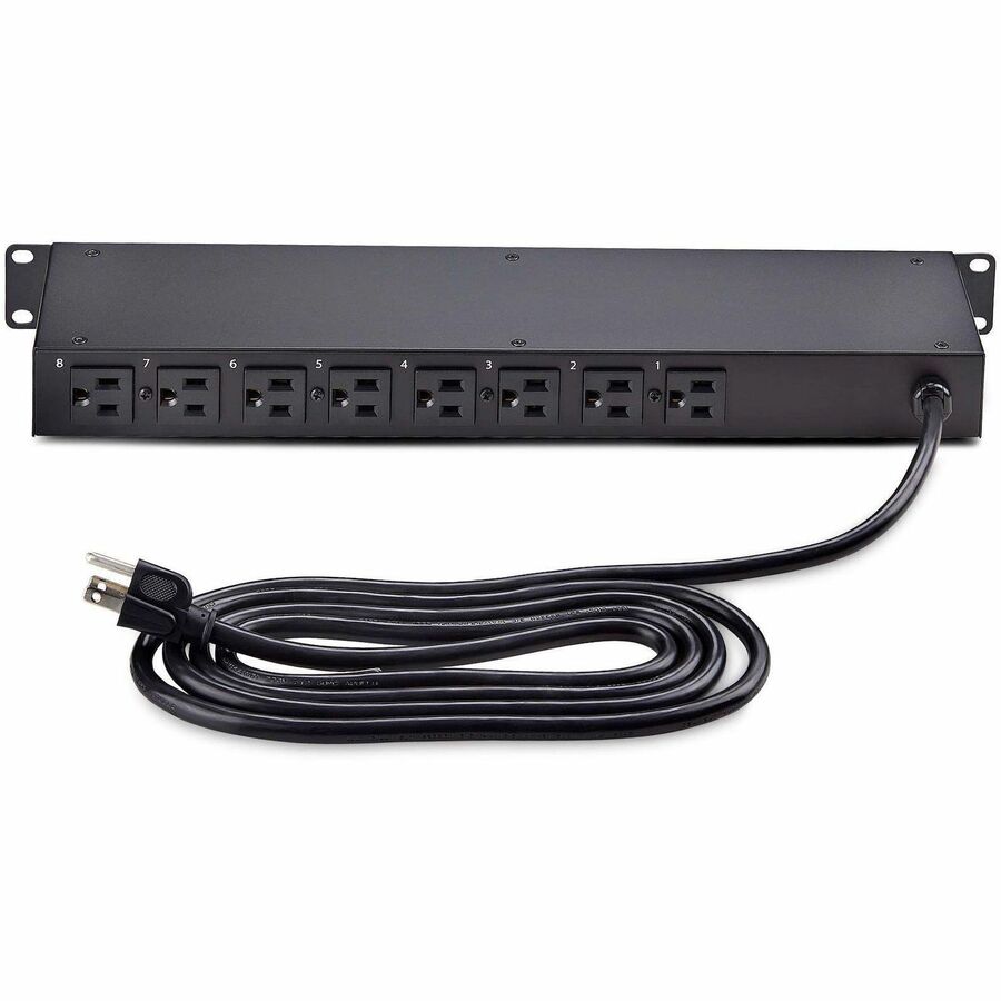 StarTech 8-Outlet Horizontal Rack Mount PDU, 1U Power Strip, On/Off Switches, 15A Circuit Breaker, 8ft/2.4m Cord, NEMA 5-15P/R, TAA