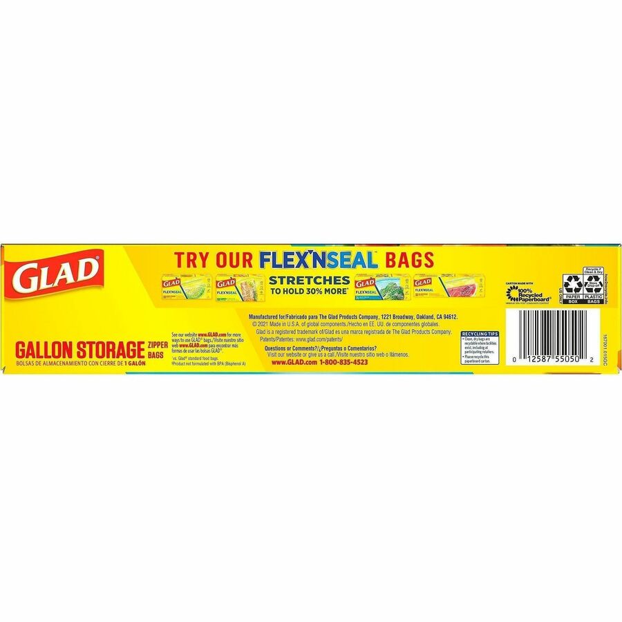 Glad Food Storage Zipper Bags - 10.75" Length x 10.56" Width - Zipper Closure - Yellow - Plastic - Food, Storage, Home, Office - 20 Bags/Box - 12 / Carton 5