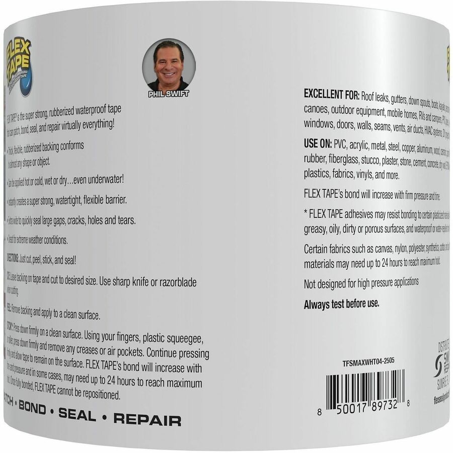 FLEX SEAL Flex Tape - 25 ft Length x 4" Width - White - Polymer - Water Resistant, Moisture Resistant, UV Resistant, Temperature Resistant, Weather Resistant, Water Proof, Tear Resistant, Abrasion Resistant - For Multipurpose, Multi Surface - 3 / Carton 8