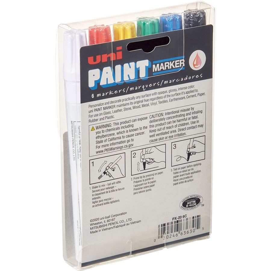 uni® uni-Paint PX-20 Oil-Based Paint Marker - Medium Marker Point -  Assorted, Blue, Red, Green, Yellow, Black Oil Based Ink - White Barrel - 6  / Set