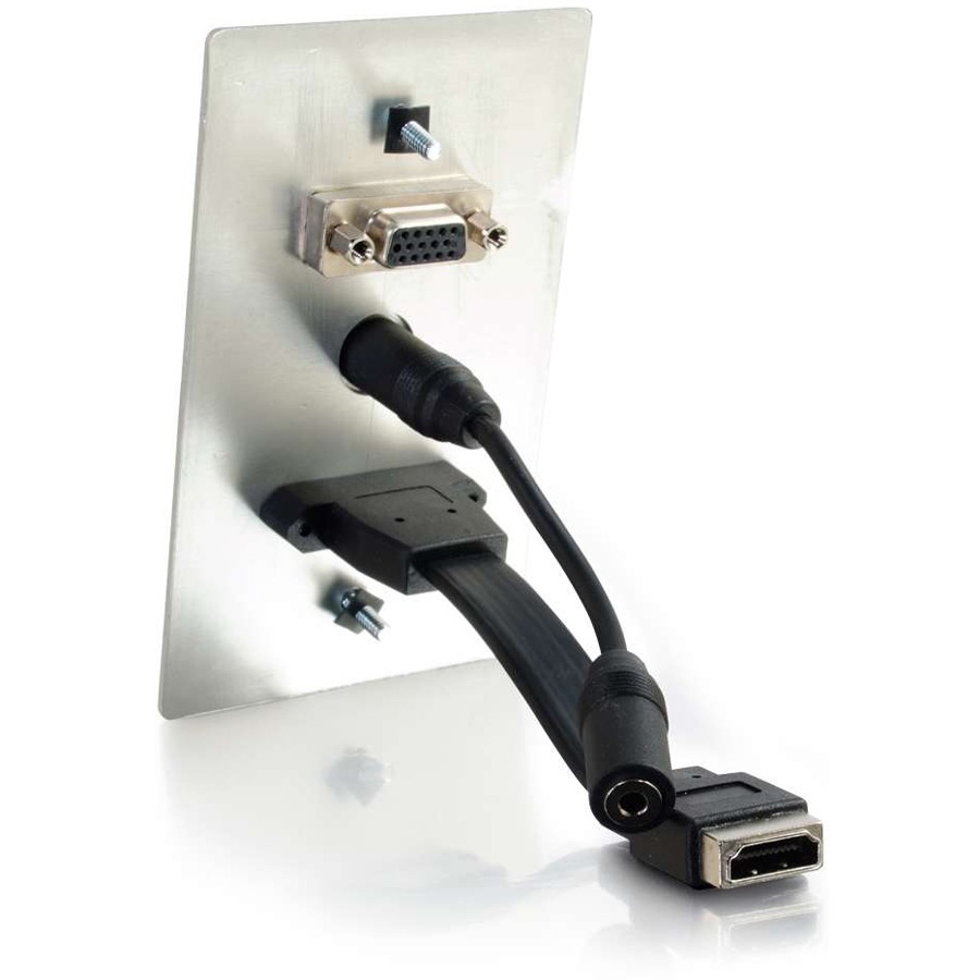 C2G single-gang aluminum wall plate with HDMI, VGA, and 3.5 mm audio connections — rear view