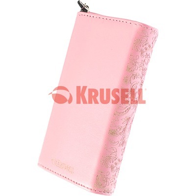 Pink leather carrying case for Apple iPhone 2G with paisley pattern and magnetic lock — rear view