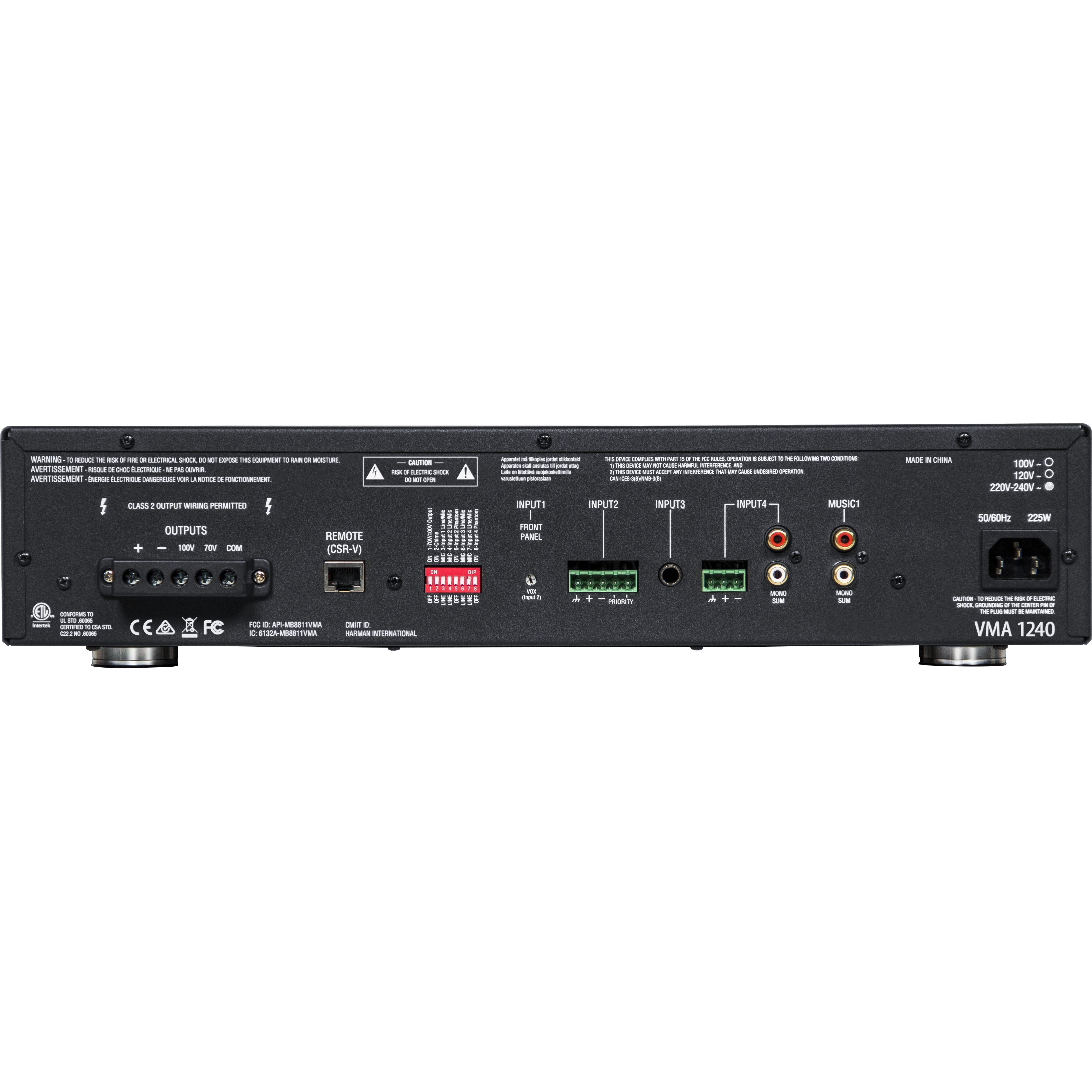 JBL VMA1240 5-input 1x240 W mixer/amplifier front panel — rear view