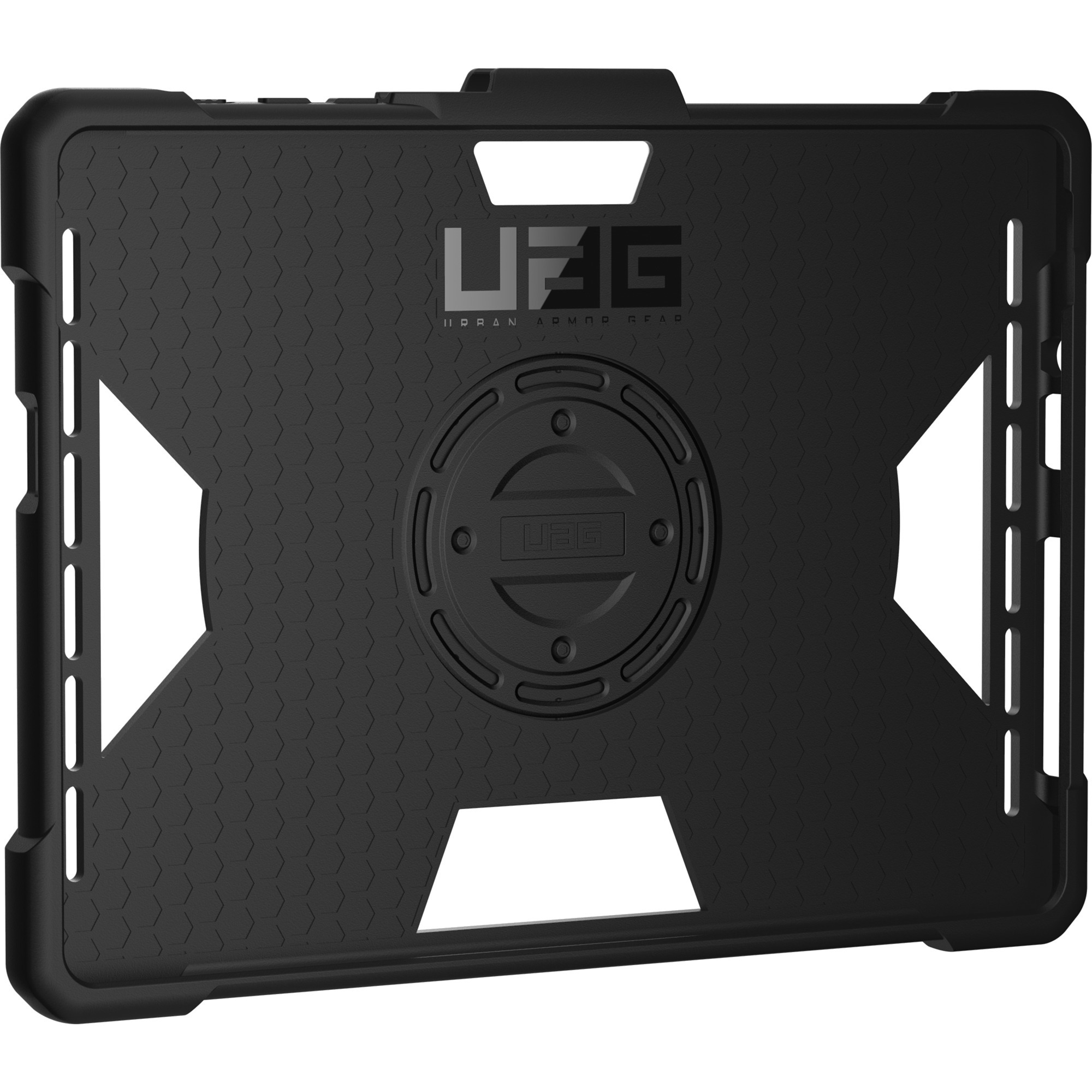 Black rugged protective case for Microsoft Surface Go 1-4 by URBAN ARMOR GEAR — rear view
