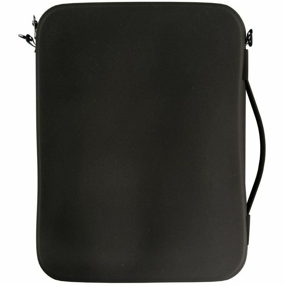 Black vertical neoprene sleeve for 11-inch tablet with front pocket and optional shoulder strap — rear view