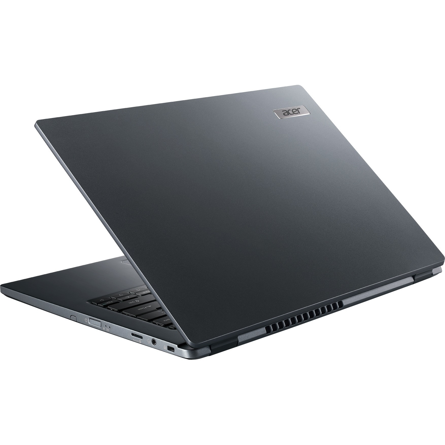Acer TravelMate P414 business laptop with 14-inch Full HD IPS display, Intel Core i7, and slate blue chassis — rear view