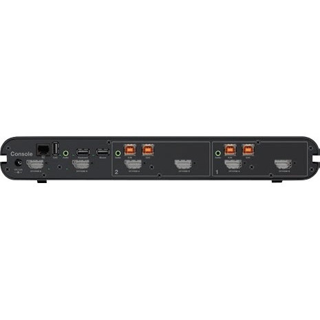 Belkin 2-port secure KVM switch with CAC support for DisplayPort and HDMI systems, 4K video — rear view
