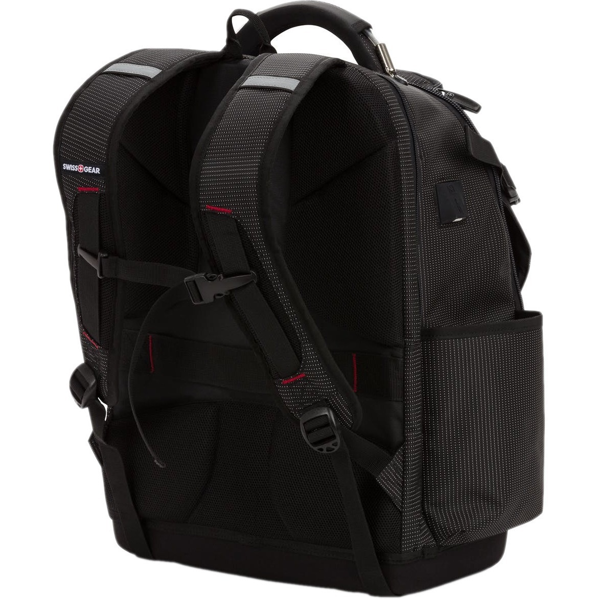 Black Wenger SwissGear Work Pack Pro tool backpack with USB access for 17 inch laptop — rear view