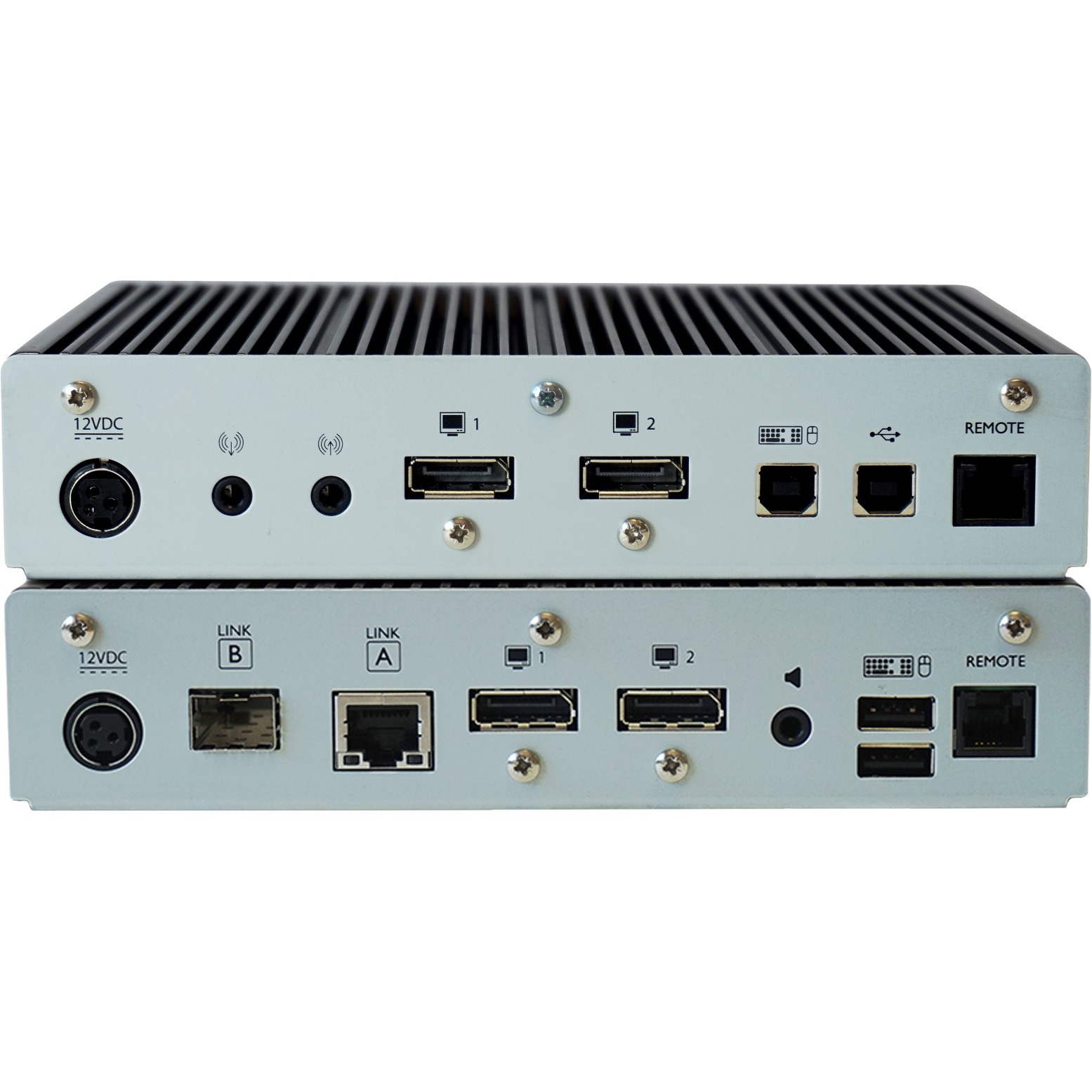 Black Box KVX HP series DisplayPort KVM extender transmitter and receiver for CatX or fiber — rear view