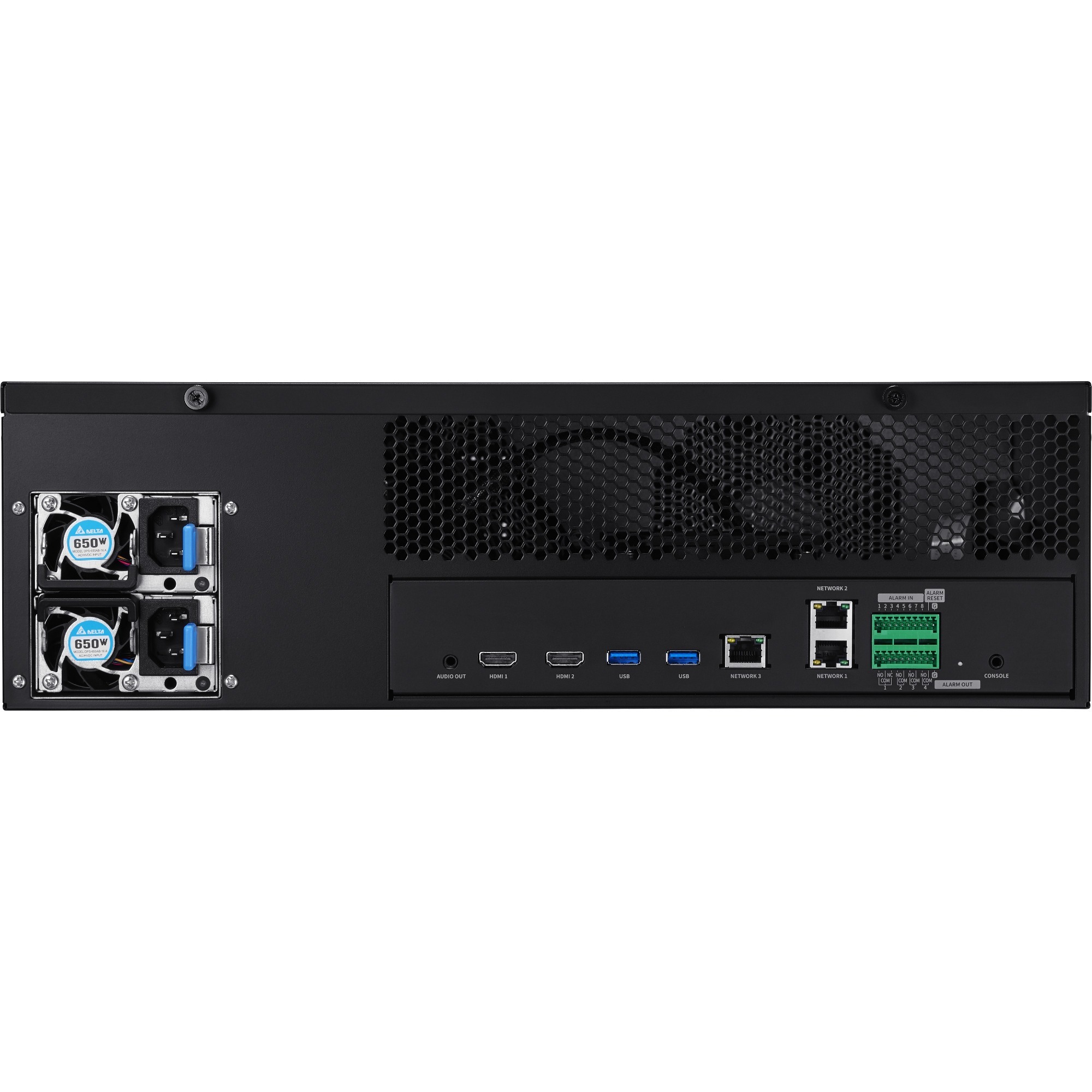 5-in-1 16CH Pentabrid DVR- 12TB Raw Storage, AHD, HDTVI, HDCVI (up to 8MP), Total 18CH(Analog Maximum 16CH and 2 Network Maximum 18CH), Analog   Camera up 8MP(15/12fps), 5MP(20/12fps), 4MP(30/25fps), 2MP(30/25fps),1MP(30/25fps), 960H(or 720H)(30/25fps) * per CH and Network camera 2MP (480fps). Codec H.265/H.264/MJPEG, Recording Bandwidth Max. 128Mbps, Playback Bandwidth 32Mbps. 4CH audio input/ 1CH audio output, 16 alarm input and 4 relay output, coaxial control, HDMI/VGA video output, 1 X spot monitor output, QR code, Up to 2 SATA HDDs (6TB/HDD). NDAA & FCC Compliant Model. — rear view
