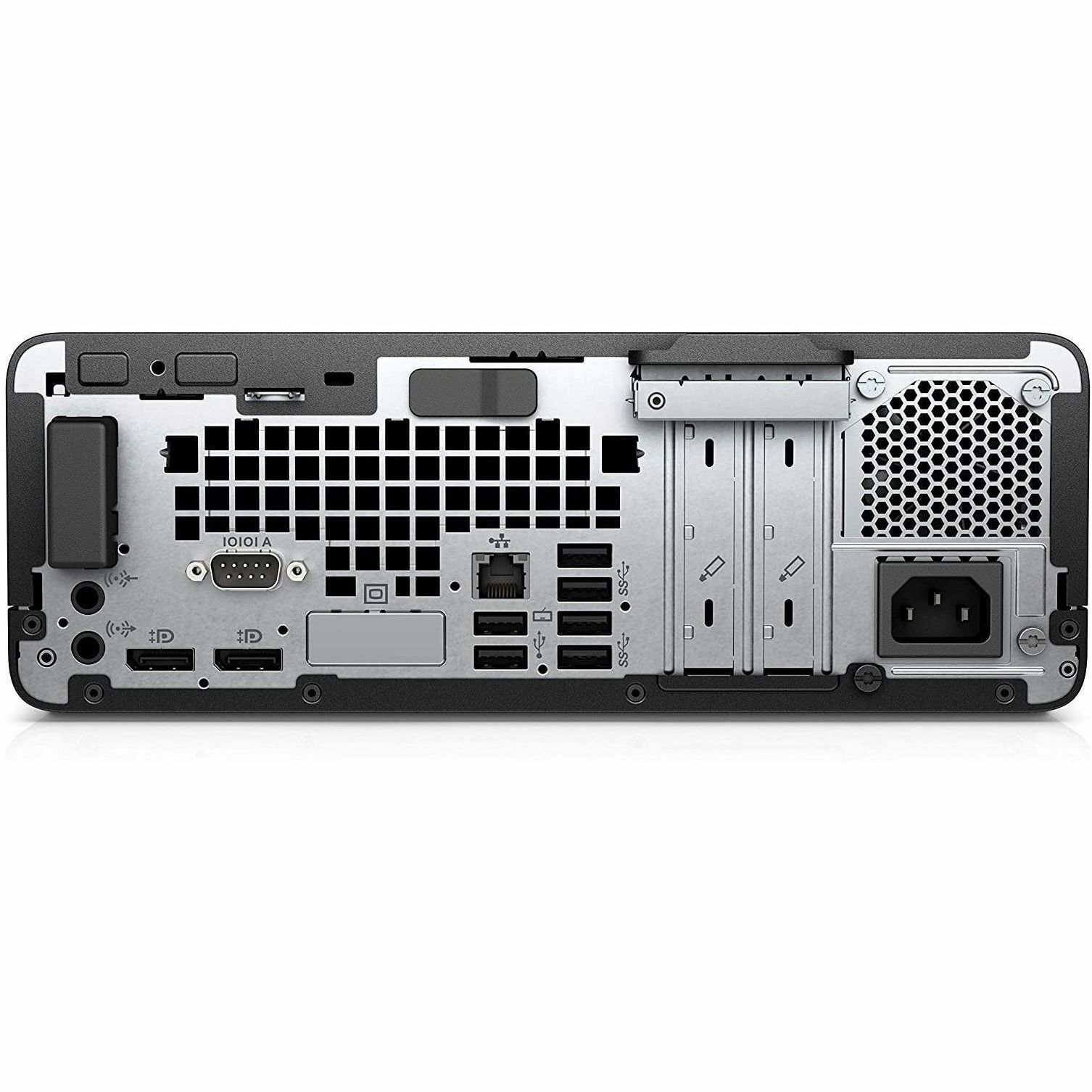 Refurbished HP 600 G4 small form factor business desktop with Intel Core i7, 16 GB RAM, and 500 GB NVMe SSD — rear view