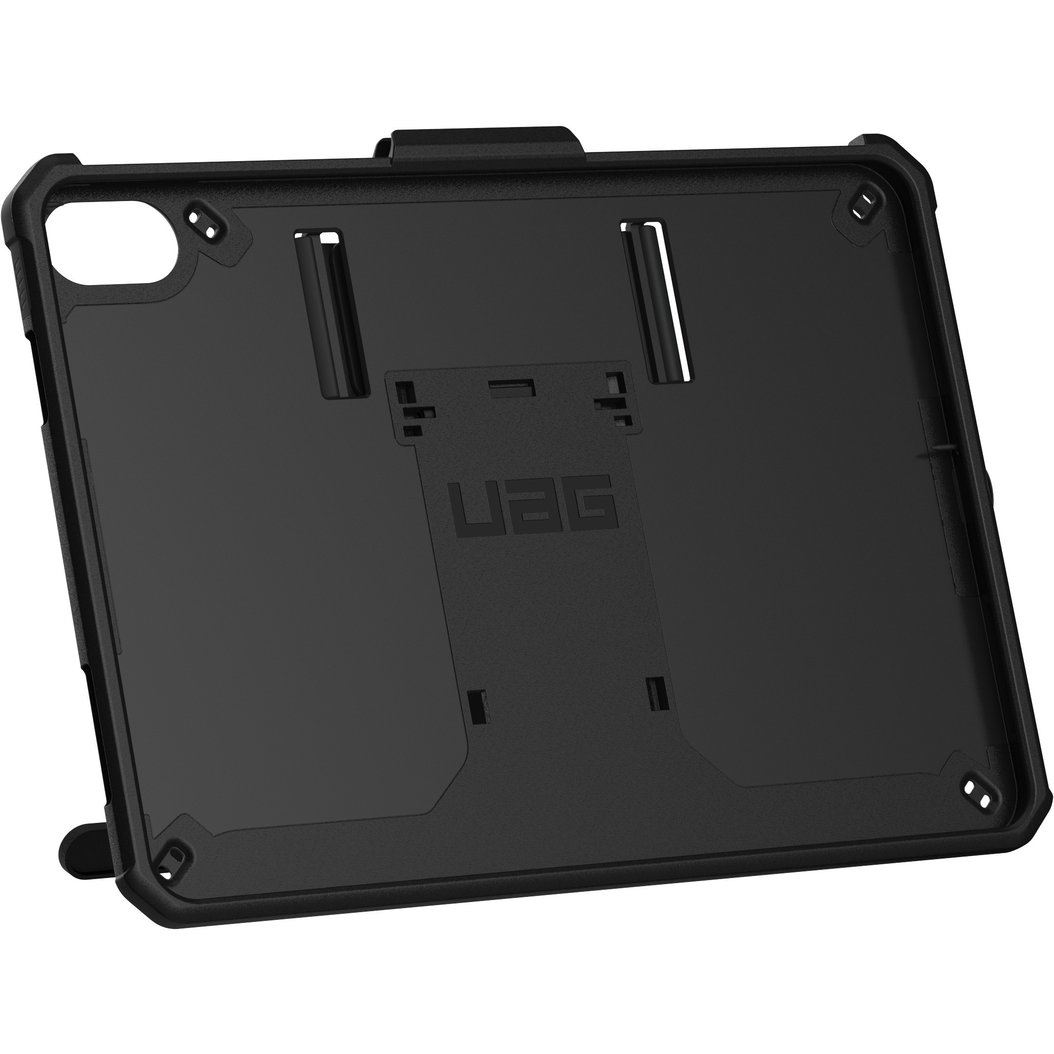 UAG Scout black rugged case with kickstand and handstrap for iPad 11 A16 and iPad 10.9 10th Gen — rear view