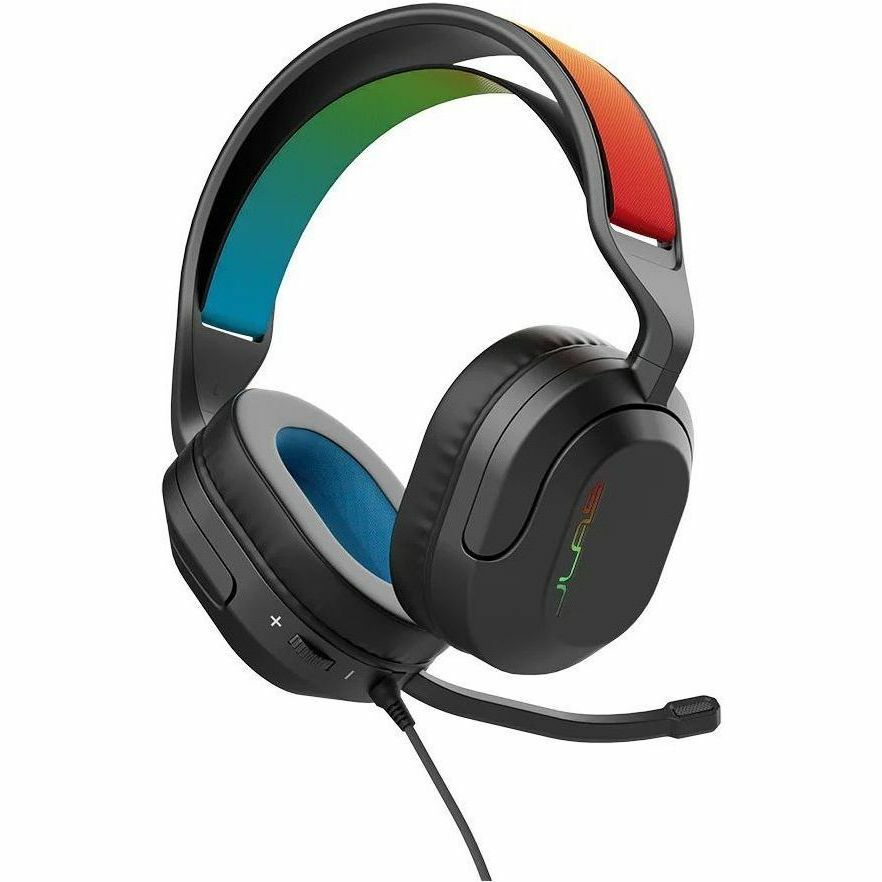 JLab Audio NIGHTFALL over-ear wired gaming headset in black with boom microphone — rear view