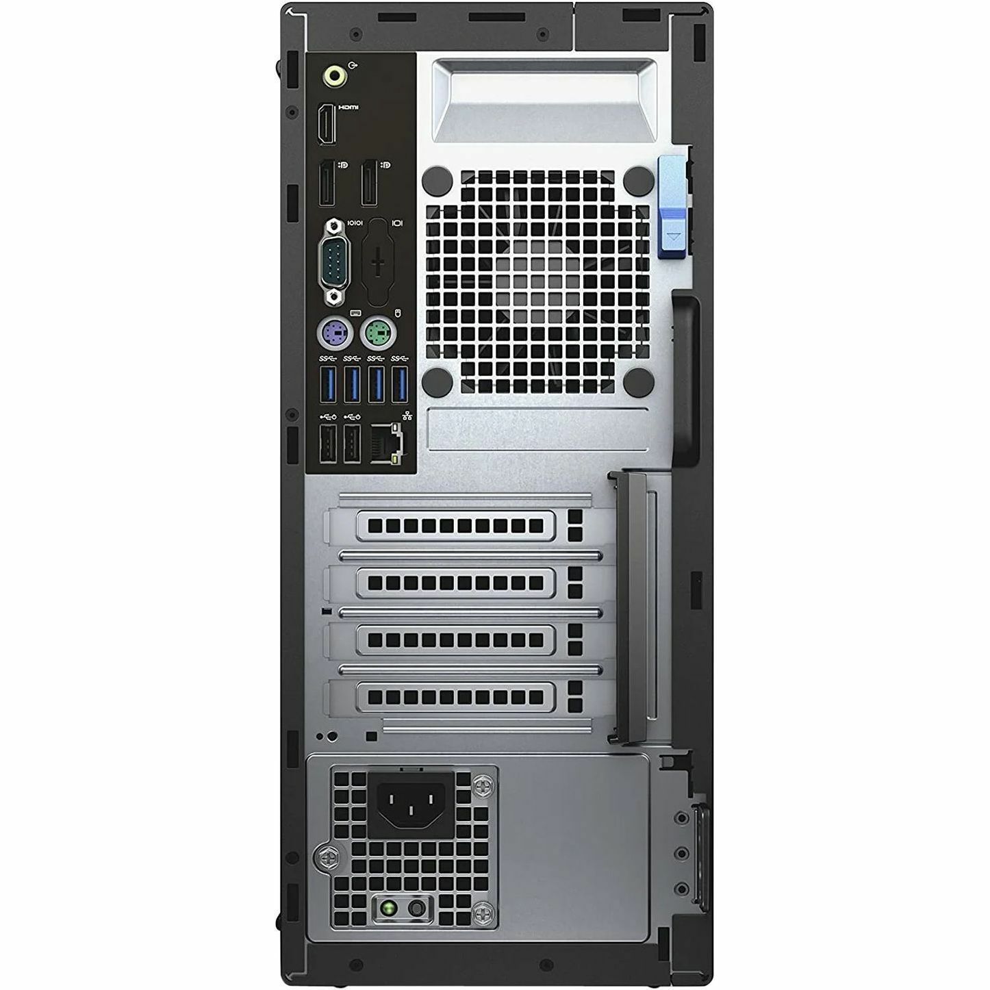 Refurbished Dell OptiPlex 7050 Tower business desktop with Core i5, 16 GB RAM, and 256 GB SSD — rear view