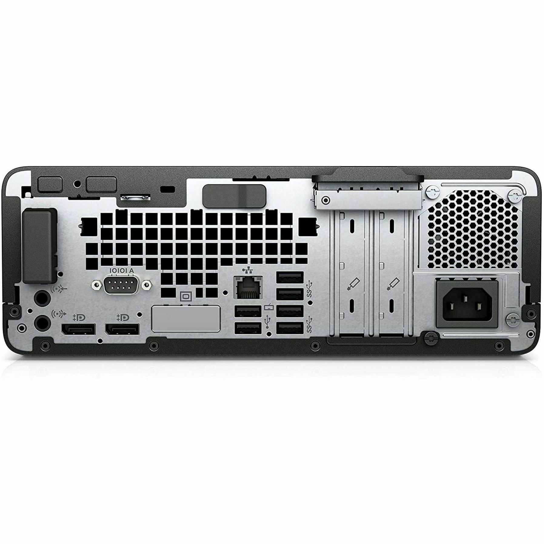 Refurbished HP 600 G4 Small Form Factor desktop with Core i7, 16 GB RAM, and 512 GB SSD — rear view