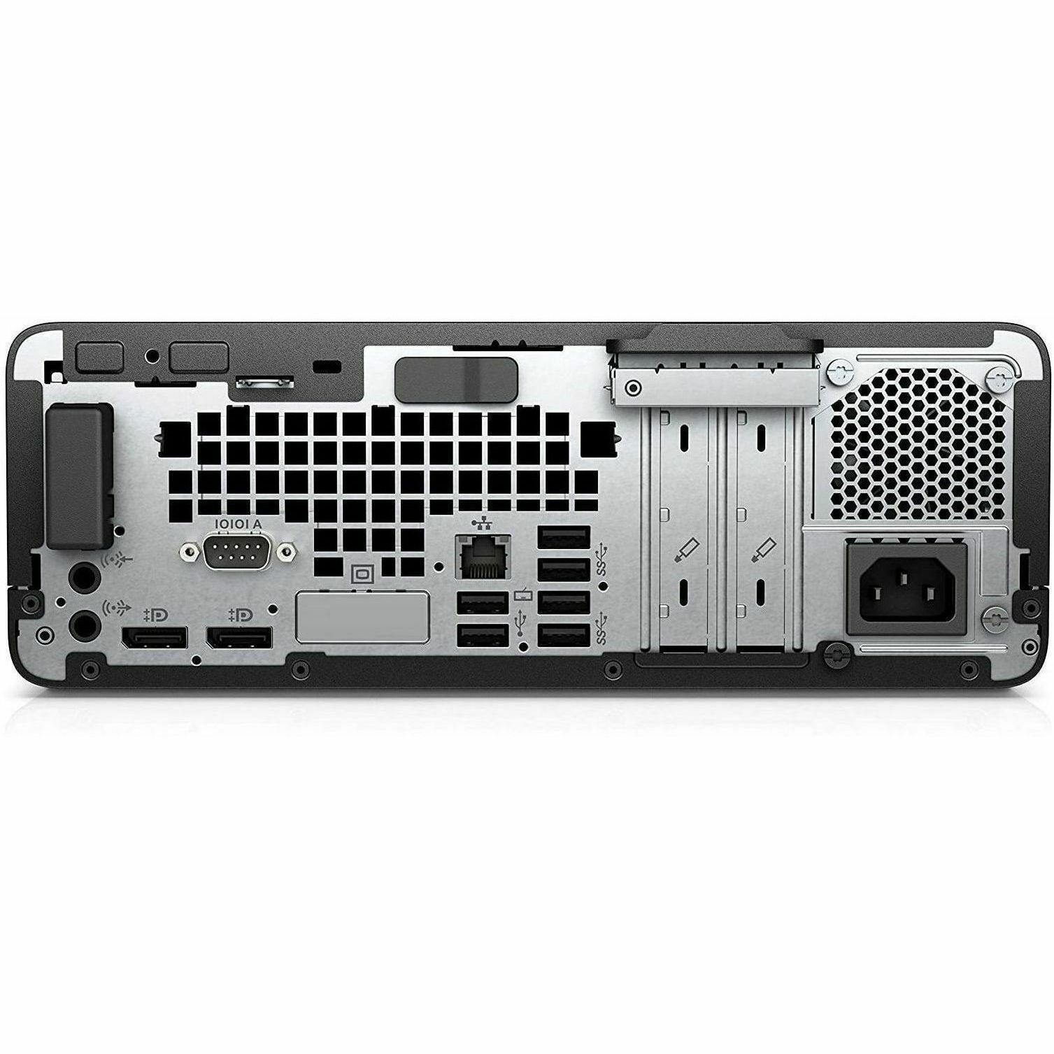 Refurbished HP 600 G4 Small Form Factor business desktop with Core i7, 32 GB RAM, and 1 TB NVMe storage — rear view