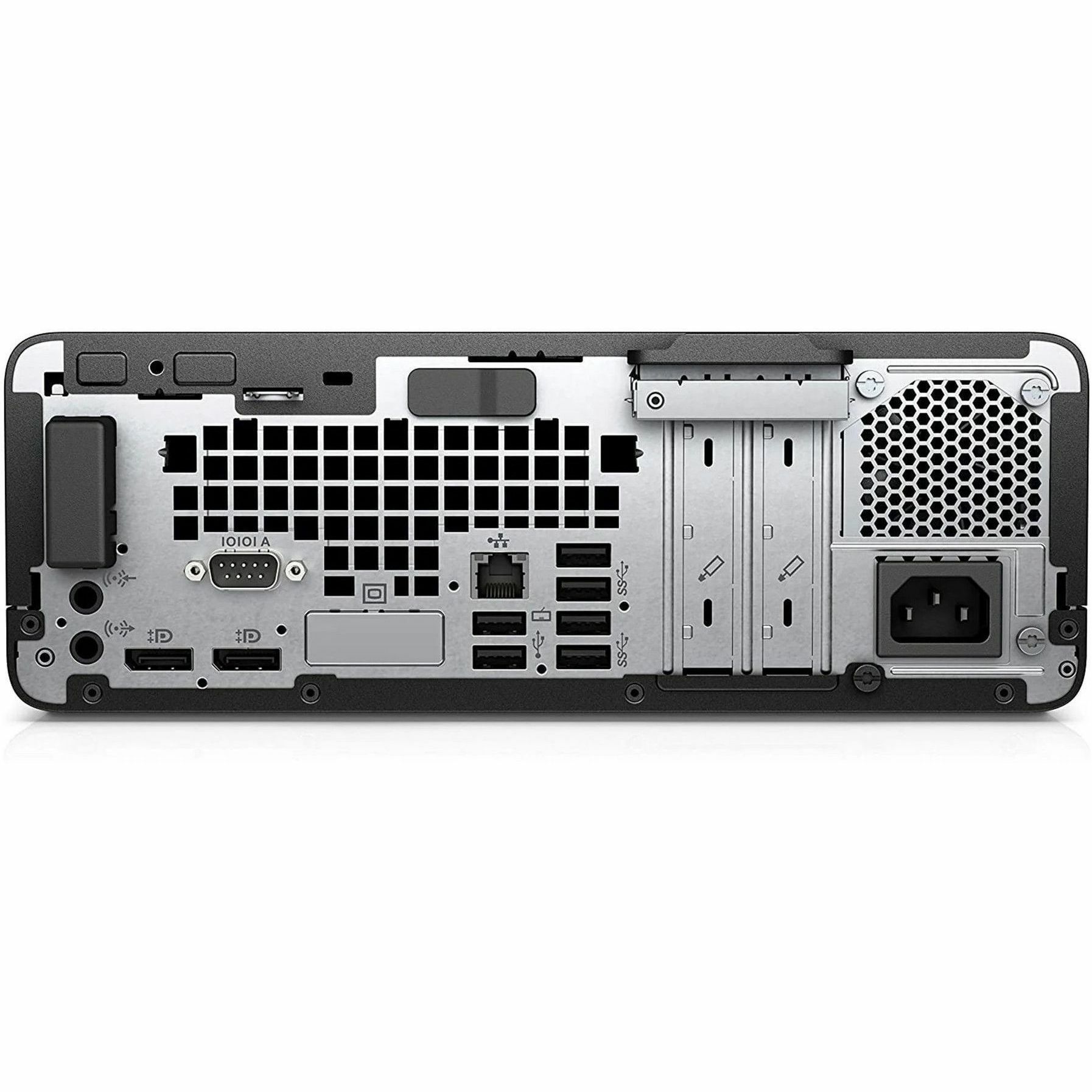 Refurbished HP ProDesk 600 G4 small form factor desktop with Core i7, 16 GB RAM, and 256 GB NVMe SSD — rear view