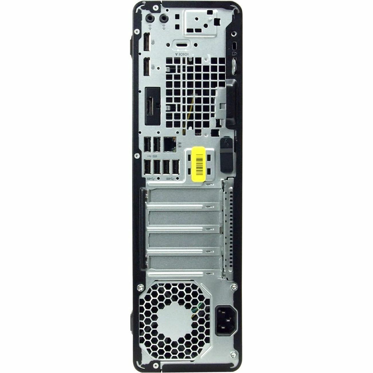 Refurbished HP 800 G3 Small Form Factor business desktop with Core i5, 16 GB RAM, and 256 GB SSD — rear view
